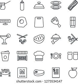 Thin Line Icon Set - coffee vector, cafe, cook hat, menu, reserved, reception, drink, cocktail, plates, bacon, waiter, salt and pepper, candle, vip zone, alcove, restaurant receipt, steak, ham