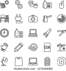 Thin Line Icon Set - coffee machine vector, radar, mouse, desk, pencil, pruner, glove, saw, blood pressure, tomography, office phone, clock, camera, laptop pc, radio, battery, lamp, notebook, crane