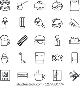Thin Line Icon Set - coffee vector, diet, fridge, waiter, restaurant table, cafe, menu, reserved, drink, beer, bacon, salt and pepper, open close, ham, hamburger, ladle, rolling pin, cutting board