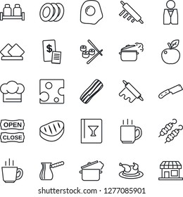 Thin Line Icon Set - coffee vector, waiter, cook hat, wine card, plates, bacon, salt and pepper, open close, restaurant receipt, chicken, steak, kebab, rolling pin, knife, steaming pan, turkish