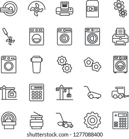 Thin Line Icon Set - coffee machine vector, washer, fork loader, gear, ripper, lawn mower, tomography, printer, copier, crane, water filter, combination lock