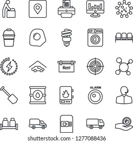 Thin Line Icon Set - coffee machine vector, waiting area, baby room, washer, job, statistic monitor, printer, bucket, molecule, virus, car delivery, oil barrel, place tag, charge, support, target