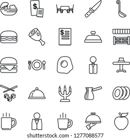 Thin Line Icon Set - coffee vector, waiter, dish, restaurant table, cafe, reception, salad, plates, candle, alcove, receipt, ham, hamburger, ladle, knife, turkish, sushi, omelette, apple fruit