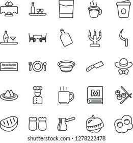 Thin Line Icon Set - coffee vector, sickle, diet, cook, alcohol, restaurant table, serviette, cafe, menu, reserved, drink, salt and pepper, candle, dress code, steak, bowl, cutting board, knife