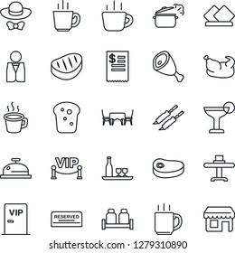 Thin Line Icon Set - coffee vector, waiter, alcohol, restaurant table, reserved, reception, cocktail, salt and pepper, bread, cafe, vip zone, dress code, receipt, chicken, steak, kebab, ham