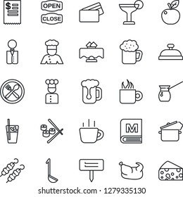 Thin Line Icon Set - coffee vector, plant label, waiter, cook, restaurant table, cafe, menu, reception, cocktail, phyto bar, beer, open close, credit card, receipt, chicken, kebab, ladle, turkish