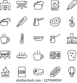Thin Line Icon Set - coffee machine vector, fire, thermometer, fireplace, air conditioner, bread, steak, hot dog, bowl, steaming pan, turkish, water heater, balloon