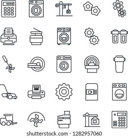 Thin Line Icon Set - coffee machine vector, washer, fork loader, gear, ripper, lawn mower, tomography, printer, copier, crane, water filter, combination lock