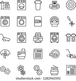 Thin Line Icon Set - coffee machine vector, washer, gear, ripper, lawn mower, tomography, printer, copier, crane, water filter, combination lock
