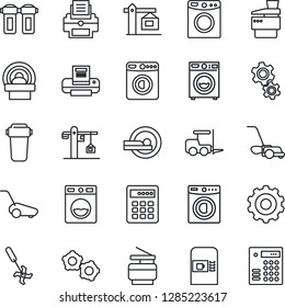 Thin Line Icon Set - coffee machine vector, washer, fork loader, gear, lawn mower, ripper, tomography, printer, copier, crane, water filter, combination lock