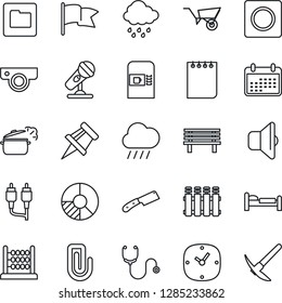 Thin Line Icon Set - coffee machine vector, bed, notepad, circle chart, wheelbarrow, rain, bench, stethoscope, microphone, rca, clock, record, folder, drawing pin, paper clip, abacus, knife, sound