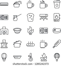 Thin Line Icon Set - coffee vector, fire, fireplace, thermometer, air conditioner, bread, steak, bowl, steaming pan, turkish, water heater, balloon