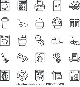 Thin Line Icon Set - coffee machine vector, washer, fork loader, gear, lawn mower, ripper, tomography, printer, copier, crane, water filter, combination lock