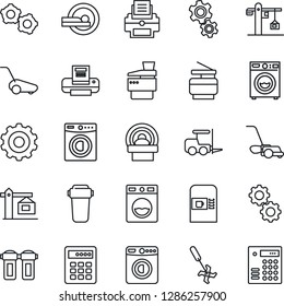 Thin Line Icon Set - coffee machine vector, washer, fork loader, gear, lawn mower, ripper, tomography, printer, copier, crane, water filter, combination lock