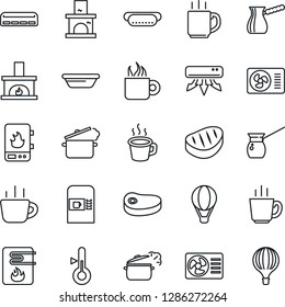 Thin Line Icon Set - coffee machine vector, fireplace, air conditioner, steak, hot dog, bowl, steaming pan, turkish, water heater, thermometer, balloon
