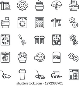Thin Line Icon Set - coffee machine vector, washer, fork loader, gear, ripper, lawn mower, tomography, printer, copier, crane, water filter, combination lock