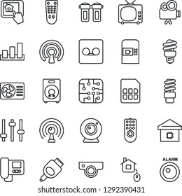 Thin Line Icon Set - coffee machine vector, sorting, antenna, tv, video camera, remote control, speaker, hdmi, tuning, record, sim, smart home, chip, wireless, web, air conditioner, intercome, app