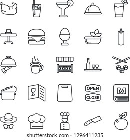 Thin Line Icon Set - coffee vector, cook, dish, alcohol, restaurant table, hat, wine card, menu, cocktail, phyto bar, salad, waiter, egg stand, candle, dress code, open close, alcove, chicken, knife