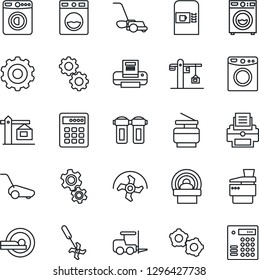 Thin Line Icon Set - coffee machine vector, washer, fork loader, gear, ripper, lawn mower, tomography, printer, copier, crane, water filter, combination lock