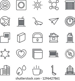 Thin Line Icon Set - coffee vector, lawn mower, house, sun, heart, molecule, plane, folder document, record, compass, lock, office building, blank box, estate search, city, ladle, water, jalousie