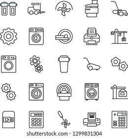 Thin Line Icon Set - coffee machine vector, washer, fork loader, gear, ripper, lawn mower, tomography, printer, copier, crane, water filter, combination lock