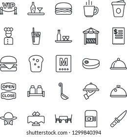 Thin Line Icon Set - coffee machine vector, cook, dish, alcohol, restaurant table, menu, phyto bar, waiter, salt and pepper, bread, cafe, vip zone, dress code, open close, alcove, receipt, steak