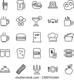 Thin Line Icon Set - coffee machine vector, cafe, cook hat, reception, cocktail, phyto bar, beer, salad, plates, bacon, salt and pepper, bread, building, candle, table, vip zone, dress code