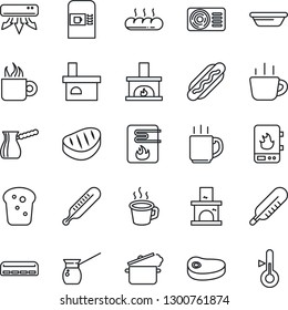 Thin Line Icon Set - coffee machine vector, fireplace, thermometer, air conditioner, bread, steak, hot dog, bowl, steaming pan, turkish, water heater