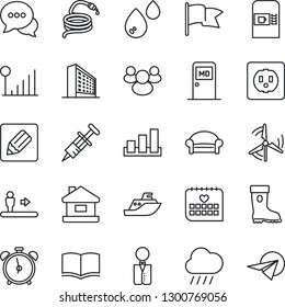 Thin Line Icon Set - coffee machine vector, escalator, alarm clock, waiting area, medical room, office building, book, boot, rain, hose, syringe, calendar, sea shipping, sorting, dialog, group, flag