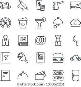 Thin Line Icon Set - coffee vector, sickle, waiter, cook, dish, serviette, cafe, wine card, menu, cocktail, plates, vip zone, open close, credit, restaurant receipt, chicken, ham, hamburger, turkish