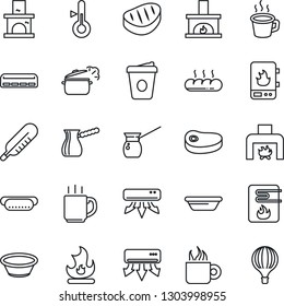 Thin Line Icon Set - coffee vector, fire, fireplace, thermometer, air conditioner, bread, steak, hot dog, bowl, steaming pan, turkish, water heater, balloon