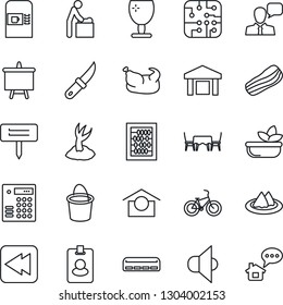 Thin Line Icon Set - coffee machine vector, baby room, abacus, presentation board, bucket, sproute, garden knife, plant label, bike, fragile, warehouse storage, speaker, rewind, air conditioner