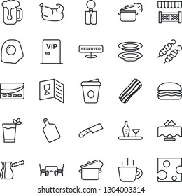 Thin Line Icon Set - coffee vector, waiter, alcohol, restaurant table, wine card, reserved, phyto bar, beer, plates, bacon, cafe, vip zone, alcove, credit, chicken, kebab, hamburger, cutting board