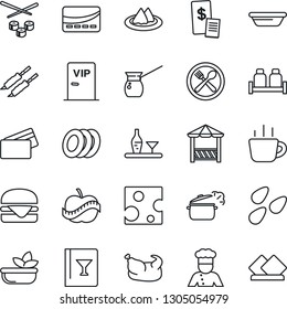 Thin Line Icon Set - coffee vector, seeds, diet, cook, alcohol, serviette, cafe, wine card, salad, plates, salt and pepper, vip zone, alcove, credit, restaurant receipt, chicken, kebab, hamburger