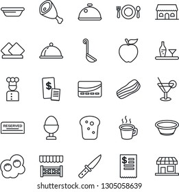 Thin Line Icon Set - coffee vector, cook, dish, alcohol, cafe, reserved, cocktail, bacon, egg stand, bread, building, alcove, credit card, restaurant receipt, ham, ladle, bowl, knife, omelette