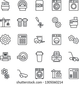 Thin Line Icon Set - coffee machine vector, fork loader, gear, lawn mower, ripper, tomography, printer, copier, washer, crane, water filter, combination lock