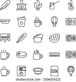 Thin Line Icon Set - coffee machine vector, fire, thermometer, fireplace, air conditioner, steak, bowl, steaming pan, turkish, water heater, balloon