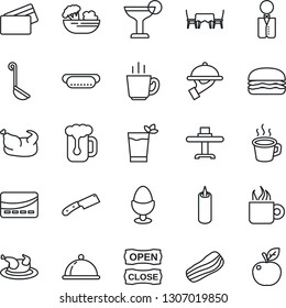 Thin Line Icon Set - coffee vector, waiter, dish, restaurant table, cocktail, phyto bar, beer, salad, bacon, egg stand, candle, cafe, open close, credit card, chicken, hamburger, hot dog, ladle