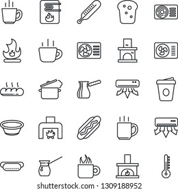 Thin Line Icon Set - coffee vector, fire, fireplace, thermometer, air conditioner, bread, hot dog, bowl, steaming pan, turkish, water heater