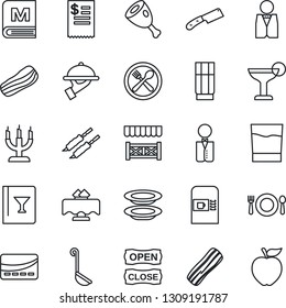 Thin Line Icon Set - coffee machine vector, waiter, restaurant table, cafe, wine card, menu, drink, cocktail, plates, bacon, candle, open close, alcove, credit, receipt, kebab, ham, ladle, knife
