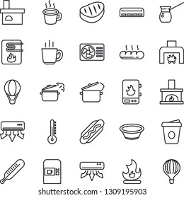 Thin Line Icon Set - coffee machine vector, fire, fireplace, thermometer, air conditioner, bread, steak, hot dog, bowl, steaming pan, turkish, water heater, balloon