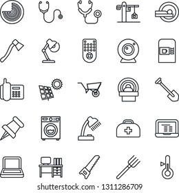 Thin Line Icon Set - coffee machine vector, radar, desk, notebook pc, job, farm fork, wheelbarrow, saw, axe, doctor case, stethoscope, tomography, office phone, remote control, paper pin, lamp