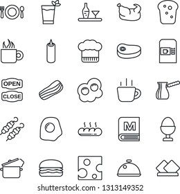 Thin Line Icon Set - coffee machine vector, dish, alcohol, cafe, cook hat, menu, phyto bar, bacon, egg stand, bread, candle, open close, chicken, steak, kebab, hamburger, steaming pan, turkish