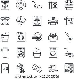 Thin Line Icon Set - coffee machine vector, washer, fork loader, gear, ripper, lawn mower, tomography, printer, copier, crane, water filter, combination lock