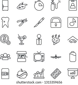 Thin Line Icon Set - coffee machine vector, tv, plane, brainstorm, pruner, well, garden sprayer, pills blister, scalpel, caries, diet, stopwatch, lock, music, battery, identity card, point graph