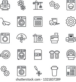 Thin Line Icon Set - coffee machine vector, washer, fork loader, gear, ripper, lawn mower, tomography, printer, copier, crane, water filter, combination lock
