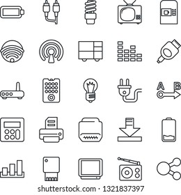 Thin Line Icon Set - coffee machine vector, bulb, printer, consolidated cargo, sorting, route, radio, equalizer, tv, low battery, rca, hdmi, calculator, download, wireless, power plug, router
