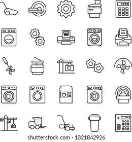 Thin Line Icon Set - coffee machine vector, washer, fork loader, gear, ripper, lawn mower, tomography, printer, copier, crane, water filter, combination lock