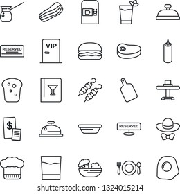 Thin Line Icon Set - coffee machine vector, restaurant table, cafe, cook hat, wine card, reserved, reception, drink, phyto bar, salad, bacon, bread, candle, vip zone, dress code, receipt, steak