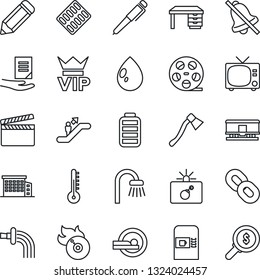 Thin Line Icon Set - coffee machine vector, escalator, tv, vip, bomb in case, desk, document, pencil, watering, water drop, axe, pills blister, tomography, railroad, clapboard, reel, flame disk, pen